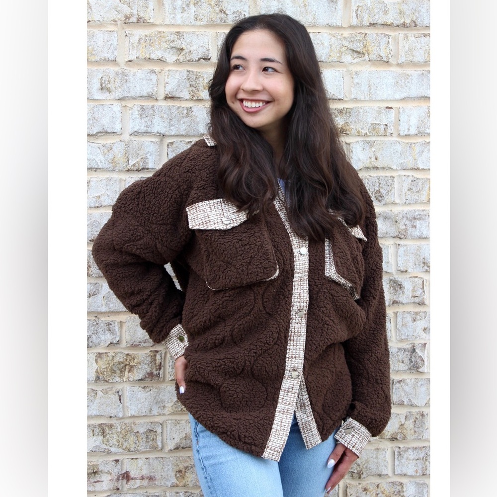 Cozy Brown Sherpa Tweed Jacket NEW S/M